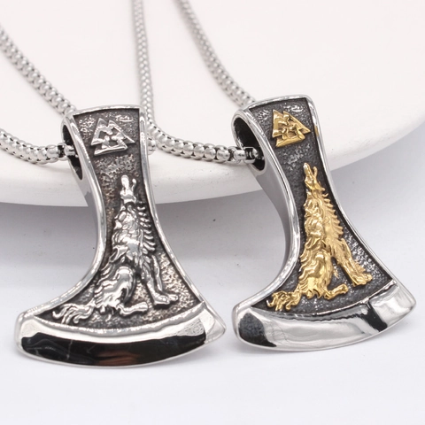 Retro Viking Wolf Axe Pendant For Men Titanium Steel Norse Mythology Valknut Symbol Nordic Warrior Jewelry Pendant Only