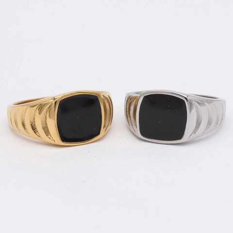 Vintage Men Signet Ring Square Black Enamel Stainless Steel Titanium Ring Gold Silver Plated Punk Industrial Style Ring