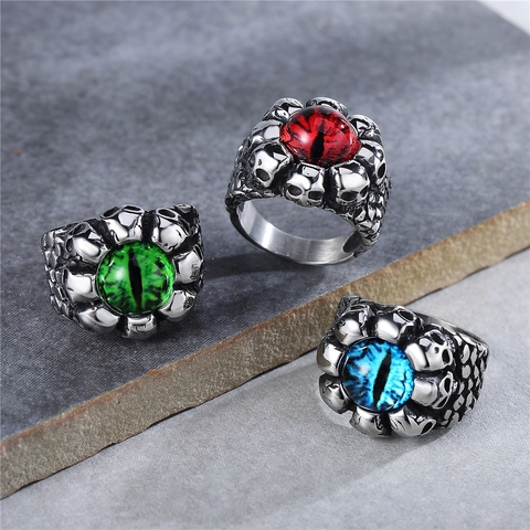 Anello da Uomo Punk Rock con Teschio e Occhio del Diavolo Vintage Gotico in Acciaio Inossidabile Biker Ring Retro Scheletro Gioielli Halloween