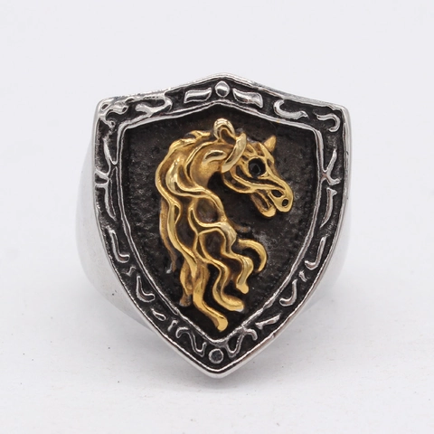 Vintage Men Titanium Steel Horse Head Shield Signet Ring Retro Punk Gold Silver Two Tone Animal Biker Shield Rings Jewelry Gift