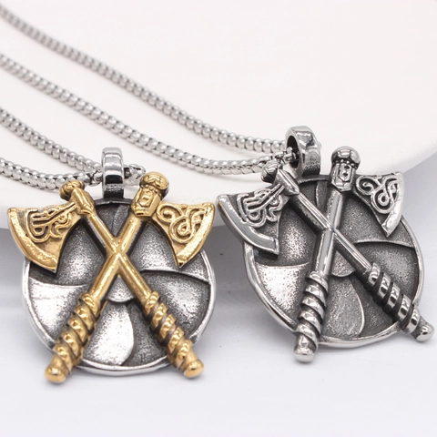 Retro Viking Double Axe Shield Pendant Necklace For Men Stainless Steel Titanium Steel Nordic Warrior Cross Axe Jewelry