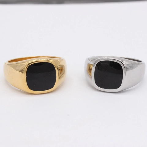 Anello Signet Quadrato in Smalto Nero Minimalista per Uomo Donna Acciaio al Titanio Lucido Gioielli Unisex alla Moda Oro Argento
