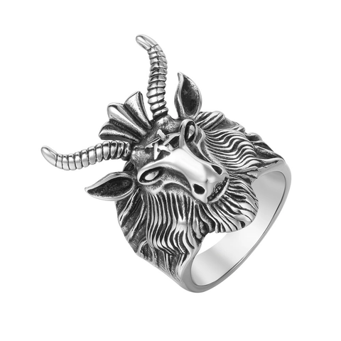 Gothic Baphomet Goat Head Ring For Men Stainless Steel Vintage Punk Pentagram Signet Ring Mystery Occult Fashion Jewelry
