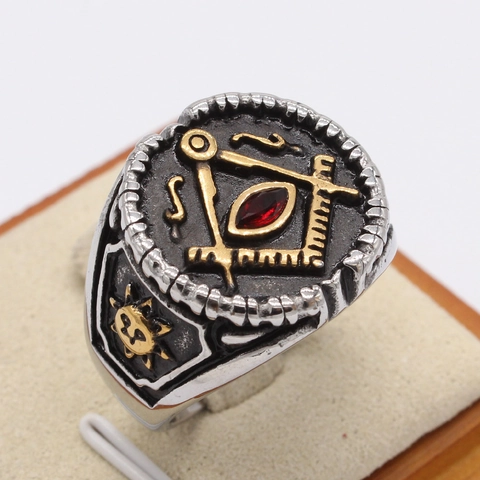 Retro Men's Masonic Ring Titanium Steel Gold Silver Freemasonry Symbol Red Rhinestone Engraved Sun Moon Vintage Jewelry