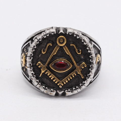 Retro Men's Masonic Ring Titanium Steel Gold Silver Freemasonry Symbol Red Rhinestone Engraved Sun Moon Vintage Jewelry