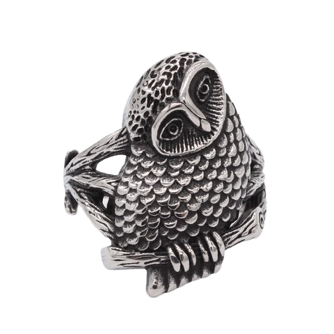 Vintage Stainless Steel Owl Ring For Men Retro Animal Bird Branch Band Punk Gothic Biker Statement Jewelry Silver Tone