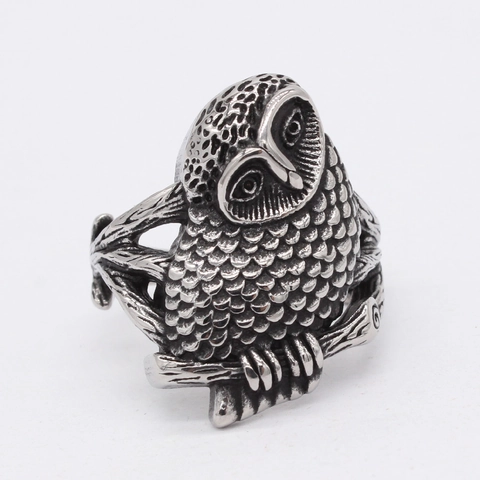 Vintage Stainless Steel Owl Ring For Men Retro Animal Bird Branch Band Punk Gothic Biker Statement Jewelry Silver Tone