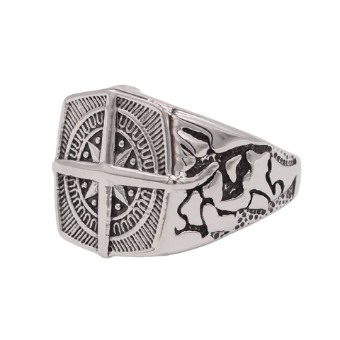 Anillo de Acero de Titanio para Hombre Vintage con Brújula y Cruz Patrón de Mapa del Mundo Estilo Punk Joyería de Dedo Individual