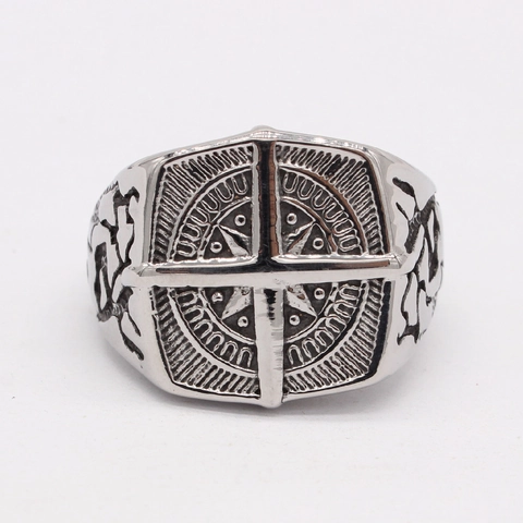 Anillo de Acero de Titanio para Hombre Vintage con Brújula y Cruz Patrón de Mapa del Mundo Estilo Punk Joyería de Dedo Individual