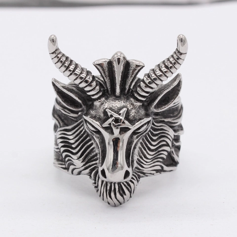 Gothic Baphomet Goat Head Ring For Men Stainless Steel Vintage Punk Pentagram Signet Ring Mystery Occult Fashion Jewelry