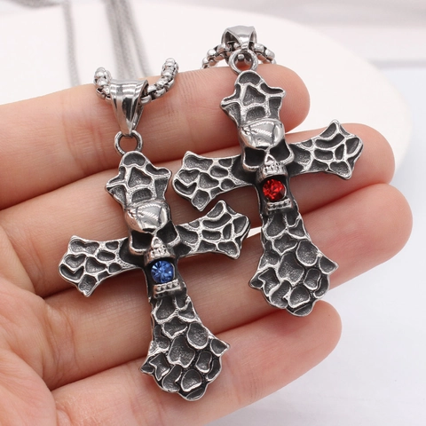 Ciondolo a Croce con Teschio in Acciaio Inossidabile Gotico Vintage per Uomo Argento Antico Strass Gioielli Hip Hop Punk