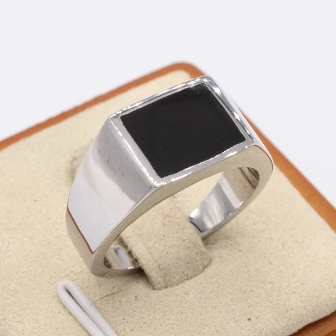 Anillo de Sello para Hombre Acero de Titanio Simple Rectángulo Negro Esmalte Incrustado Estilo Retro Pulido Anillo de Moda para Hombre