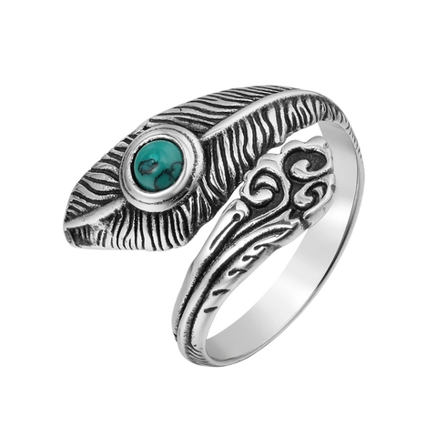 Anillo de Acero de Titanio con Pluma y Turquesa para Hombre Estilo Vintage Étnico Punk Anillo Envolvente de Acero Inoxidable Joyería