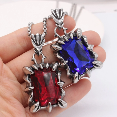 Retro Gotische Heart Of Ocean Rechthoekige Strass Hanger Titanium Staal Ketting Mannen Punk Adelaarsklauw Edelsteen Sieraden