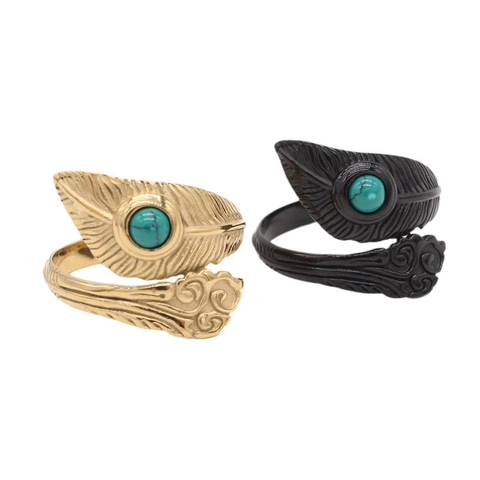 Anillo de Acero de Titanio con Pluma y Turquesa para Hombre Estilo Vintage Étnico Punk Anillo Envolvente de Acero Inoxidable Joyería