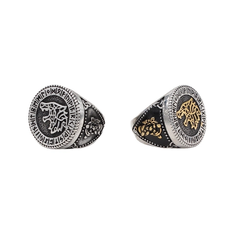 Vintage Nordic Viking Wolf Head Ring For Men Titanium Steel Runic Symbols Celtic Knot Distressed Punk Biker Ring Jewelry