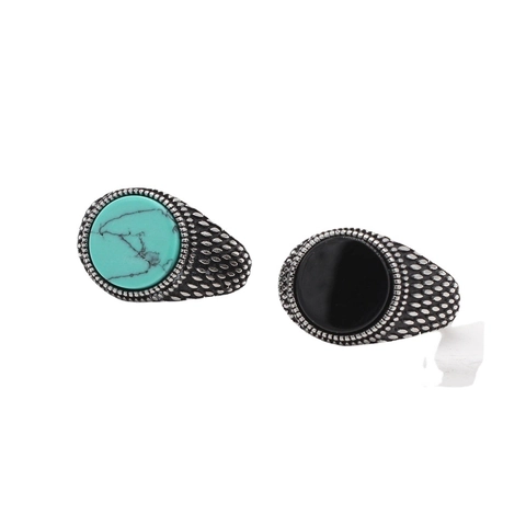 Vintage Stainless Steel Turquoise Black Agate Ring For Men Women Ethnic Style Antiqued Relief Embossed Band Finger Ring