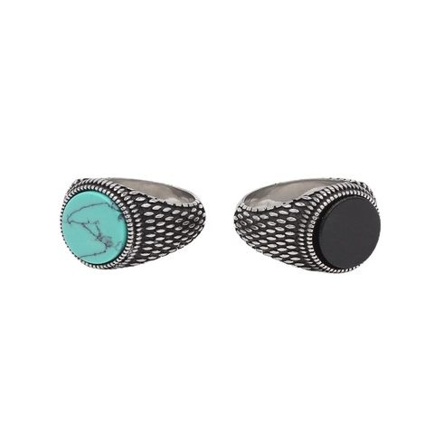 Vintage Stainless Steel Turquoise Black Agate Ring For Men Women Ethnic Style Antiqued Relief Embossed Band Finger Ring