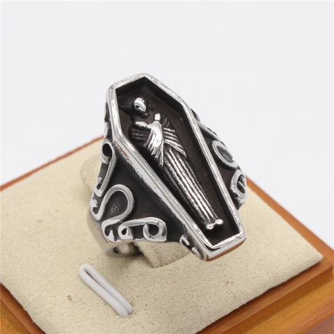 Gothic Coffin Skeleton Ring Retro Distressed Titanium Steel Punk Jewelry For Men Women Vintage Skull Pattern Ring Gift