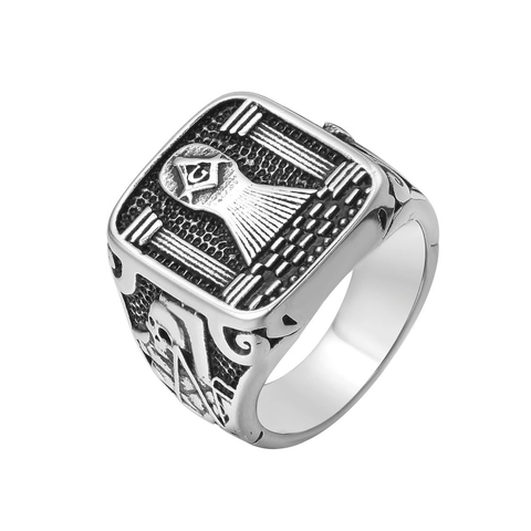 Anillo Masónico Vintage Escuadra Compás G Hombre Acero de Titanio Esqueleto Relieve Envejecido Punk Gótico Masonería Anillo de Sello Joyería