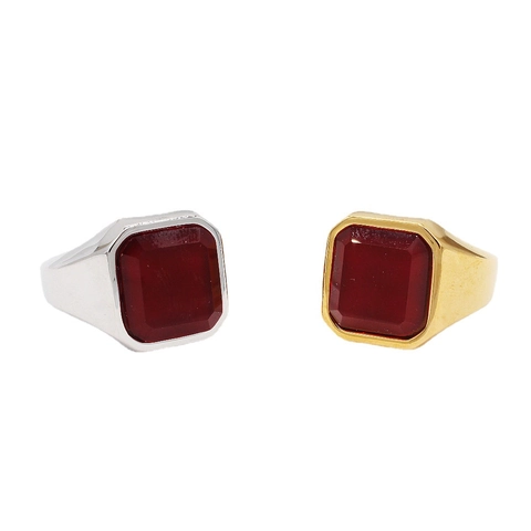 Retro Titanium Steel Signet Ring For Men Square Emerald Cut Red Black Green Rhinestone Geometric Stainless Steel Jewelry Finger Ring Gift