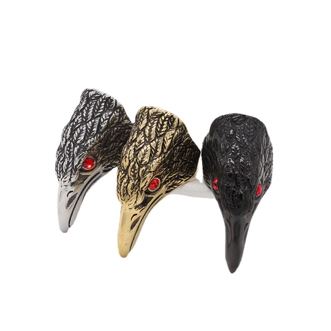 Retro Titanium Steel Eagle Head Ring For Men With Red Rhinestone Eyes Gothic Punk Biker Jewelry Animal Finger Ring Gift