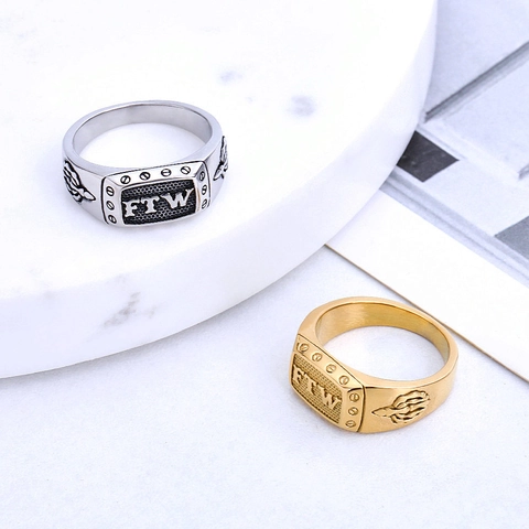 Anillo de Acero de Titanio Vintage con Letra FTW para Hombre Estilo Punk Biker Patrón de Panal Negro Plata Oro Joyería de Moda