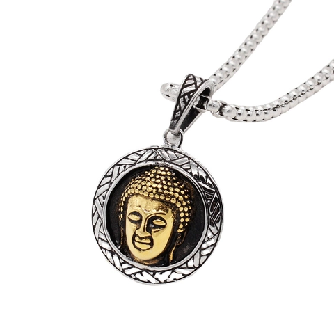 Pendentif Rond en Acier Titane Rétro Tête de Bouddha Or Argent Bicolore Pendentif Relief Religieux Bijoux Sans Chaîne Hommes Femmes