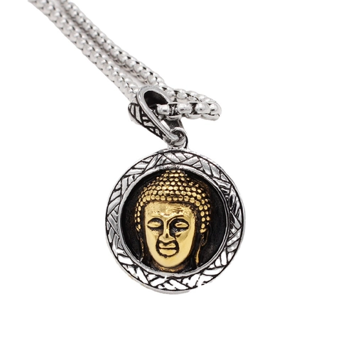 Pendentif Rond en Acier Titane Rétro Tête de Bouddha Or Argent Bicolore Pendentif Relief Religieux Bijoux Sans Chaîne Hommes Femmes