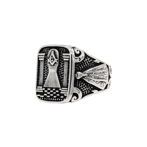 Anillo Masónico Vintage Escuadra Compás G Hombre Acero de Titanio Esqueleto Relieve Envejecido Punk Gótico Masonería Anillo de Sello Joyería