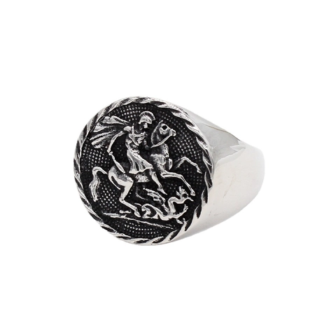 Anillo Sello Caballero Caballo Escudo Medieval Vintage Acero Inoxidable San Jorge Dragón Relieve Banda Redonda Hombre Joyería