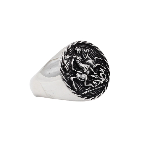 Anillo Sello Caballero Caballo Escudo Medieval Vintage Acero Inoxidable San Jorge Dragón Relieve Banda Redonda Hombre Joyería