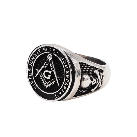 Anillo de Sello Masónico Vintage para Hombre Acero de Titanio Calavera Letra G Inscripción en Latín Gothic Punk