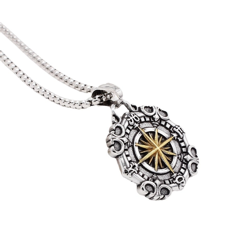 Vintage Titanium Steel Compass Pendant For Men Retro Nautical Star Medallion Necklace Accessory Two-Tone Gold Silver Distressed Carved Jewelry Gift (Without Chain)