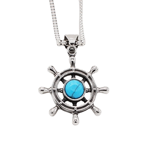 Collana con Ciondolo Timone in Acciaio al Titanio Vintage con Intarsio di Turchese Gioielli Nautici per Uomo Donna