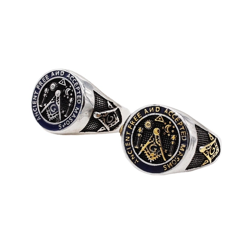 Retro Men Titanium Steel Masonic Signet Ring Enamel Ancient Free And Accepted Masons Square Compasses Punk Ring Jewelry