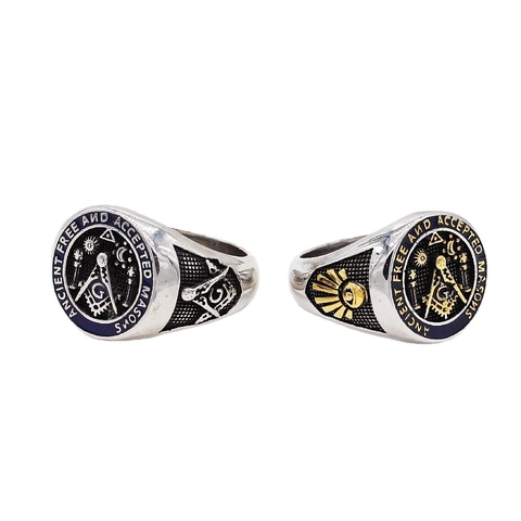 Retro Men Titanium Steel Masonic Signet Ring Enamel Ancient Free And Accepted Masons Square Compasses Punk Ring Jewelry