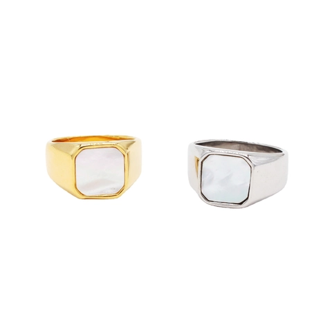 Anillo de Sello Octogonal Minimalista de Acero de Titanio para Hombres Mujeres Concha Esmalte Negro Joyería Geométrica Pulida