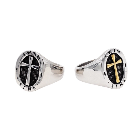 Anillo de Sello de Acero de Titanio Vintage para Hombre Cruz en Relieve Letra Swim Sink Anillo Punk Ovalado Joyería Diaria Retro