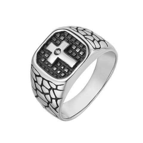 Anello Croce in Acciaio al Titanio Vintage per Uomo Personalità Trama Incisa Strass Intarsiato Retro Punk Band Gioielli