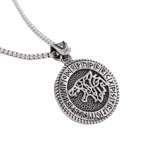 Vintage Stainless Steel Viking Wolf Head Pendant Necklace Nordic Rune Runic Symbol Medallion Antique Silver Jewelry For Men