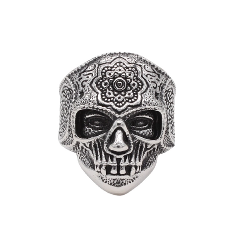 Anillo de Calavera de Acero de Titanio Vintage para Hombre Mandala Grabado Estilo Punk Joyería para Halloween Día de Muertos