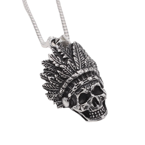 Colgante de Calavera de Jefe Indio de Acero de Titanio Retro para Hombre Colgante de Esqueleto de Diadema de Pluma Punk Gótica Sin Cadena