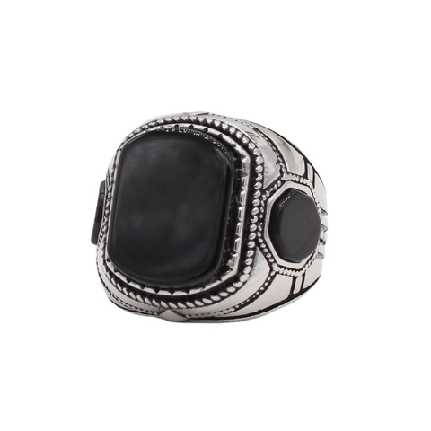 Anello a Sigillo da Uomo Vintage in Acciaio al Titanio Con Pietra Nera Rettangolare Anello Geometrico Retro Punk Gioielli