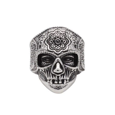 Anillo de Calavera de Acero de Titanio Vintage para Hombre Mandala Grabado Estilo Punk Joyería para Halloween Día de Muertos