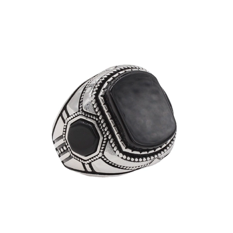 Anello a Sigillo da Uomo Vintage in Acciaio al Titanio Con Pietra Nera Rettangolare Anello Geometrico Retro Punk Gioielli