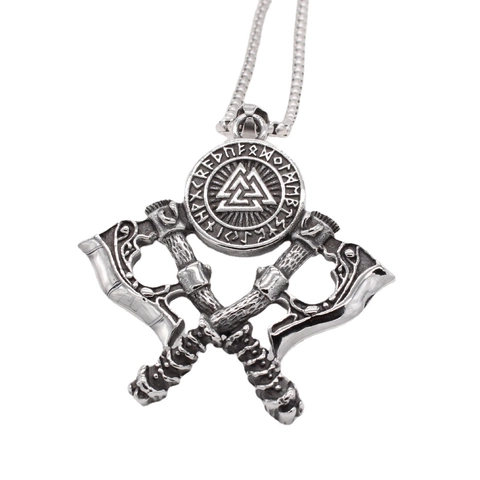 Colgante de Doble Hacha Vikinga Nórdica Retro Collar de Acero Inoxidable para Hombre Runas Valknut Plata Antigua