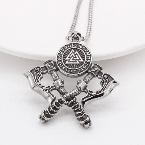 Colgante de Doble Hacha Vikinga Nórdica Retro Collar de Acero Inoxidable para Hombre Runas Valknut Plata Antigua