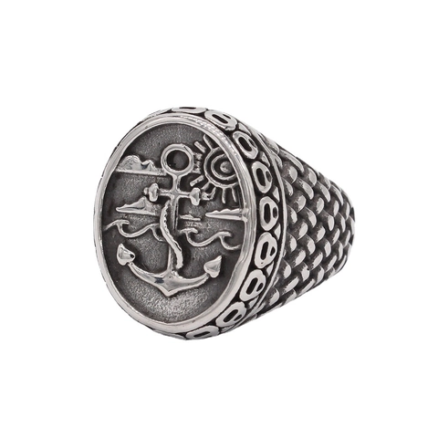 Anillo de Ancla de Acero de Titanio Vintage para Hombre Punk Gótico Desgastado Relieve Sol Ola Anillo de Sello Joyería de Moda Hip Hop