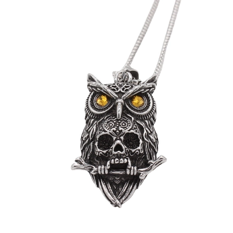 Gothic Stainless Steel Owl Skull Pendant For Men Vintage Dark Owl Necklace With Yellow Rhinestone Antique Silver Jewelry